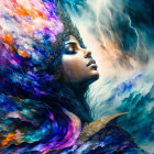 Digital artwork: Woman's profile with storm clouds, lightning, celestial colors