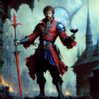Regal figure in red armor with wine glass and sword in mystical castle setting