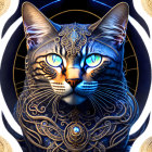 Mystical Cat Digital Artwork with Blue Eyes and Gold Jewelry