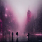 Misty cityscape at dusk with silhouetted figures and glowing sunlit haze