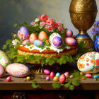 Easter-themed table decor with cake, eggs, and flowers in soft light