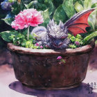 Detailed dragon illustration in lush pink floral setting