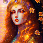 Mystical female figure with golden hair in cosmic scene