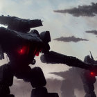 Colossal robots with glowing red eyes in a dystopian setting