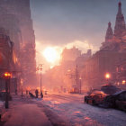 Snowy Dusk Street Scene with Vintage Cars and Pedestrians