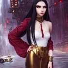Dark-haired woman in fantasy dress against futuristic cityscape