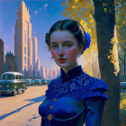 Intricate blue attire woman portrait with vintage cars and buildings