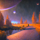 Scenic Dusk Landscape with Reflective Stream, Autumn Trees, and Celestial Elements