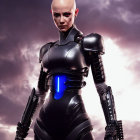 Female Android in Futuristic Black Armor with Blue Lights