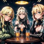 Blonde female warriors in futuristic armor at neon-lit bar