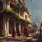 Fantasy city street scene with ornate buildings, diverse attire, and warm dappled light