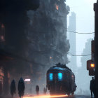 Futuristic cityscape with glowing bus and silhouetted figures