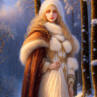 Blond woman in red and white fur cloak in snowy forest