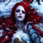 Striking Red-Haired Woman in Snow with Dramatic Makeup