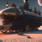 Futuristic train with spherical carriages in desert landscape with large moons