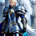 Silver-Haired Warrior in Blue and Black Armor Before Castle