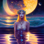 Surreal illustration: Woman with starry skin in cosmic setting