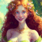 Fantasy portrait of a smiling woman with red hair, blue eyes, flowers, and butterfly wings