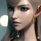 Fantasy character with silver hair, blue eyes, pointed ears, and gold jewelry.