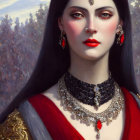 Regal woman with ornate jewelry in velvet cloak against ethereal backdrop