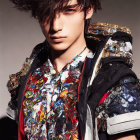 Confident person with tousled hair in vibrant graphic vest and textured dark jacket