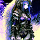 Fantasy character with purple hair in dark armor on purple background