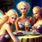 Glamorous fairy characters with butterfly wings enjoying drinks and desserts in a magical setting