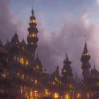 Gothic mansion with turrets under twilight sky