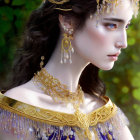 Elaborately adorned woman in golden jewelry and blue dress.