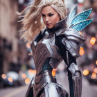 Futuristic armor cosplay with metallic pieces and blue wing accents