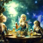 Fantasy elf women with wings in vibrant bar setting toasting glasses of beer under green glowing orb.