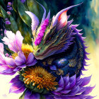 Blue-Scaled Dragon Among Purple and Yellow Flowers with Intricate Details