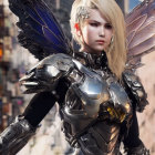 Futuristic digital art: Blonde woman in metallic armor with mechanical wings