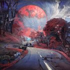 Mystical landscape with red moon, winding road, crimson trees, cable car, and streetlights