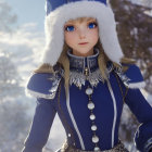 Digital artwork of female character with silver hair, blue eyes, in blue and white winter outfit with fur