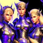 Fantasy female warriors in ornate armor on golden backdrop