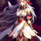 Ethereal animated character in silver hair and gold armor on crimson and purple backdrop