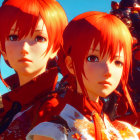 Red-haired, blue-eyed animated characters in red outfits against blue sky