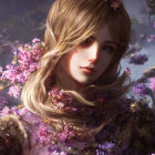 Blonde Woman Portrait with Pink Blossoms in Serene Setting