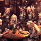 Ethereal elf-like characters in ornate armor at a decorated bar