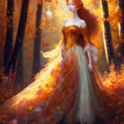 Woman in autumn-themed dress blending with golden forest.