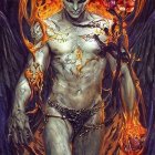 Fantasy art of shirtless male with gold armor, fiery aura, blue & white mask