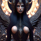 Detailed digital artwork: Female character with red eyes, ornate dark headgear, intricate armor, glowing