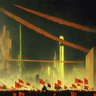 Nighttime futuristic cityscape with illuminated towers, red flag-carrying crowds, and vibrant light beams