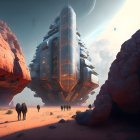 Futuristic desert cityscape with towering structures and people under a vast sky