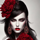 Pale-skinned woman with red lipstick and roses in hair on grey background