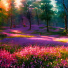 Sunlit forest with colorful flowers under trees