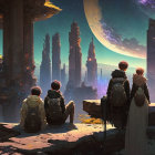 Three people on ledge overlooking futuristic cityscape with skyscrapers under celestial body