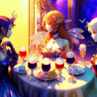 Anime-style characters with animal ears and wings at a lavish table with cocktails and fruits under vibrant lighting