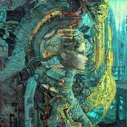 Digital Art: Female Figure with Mechanical Parts in Futuristic Cityscape